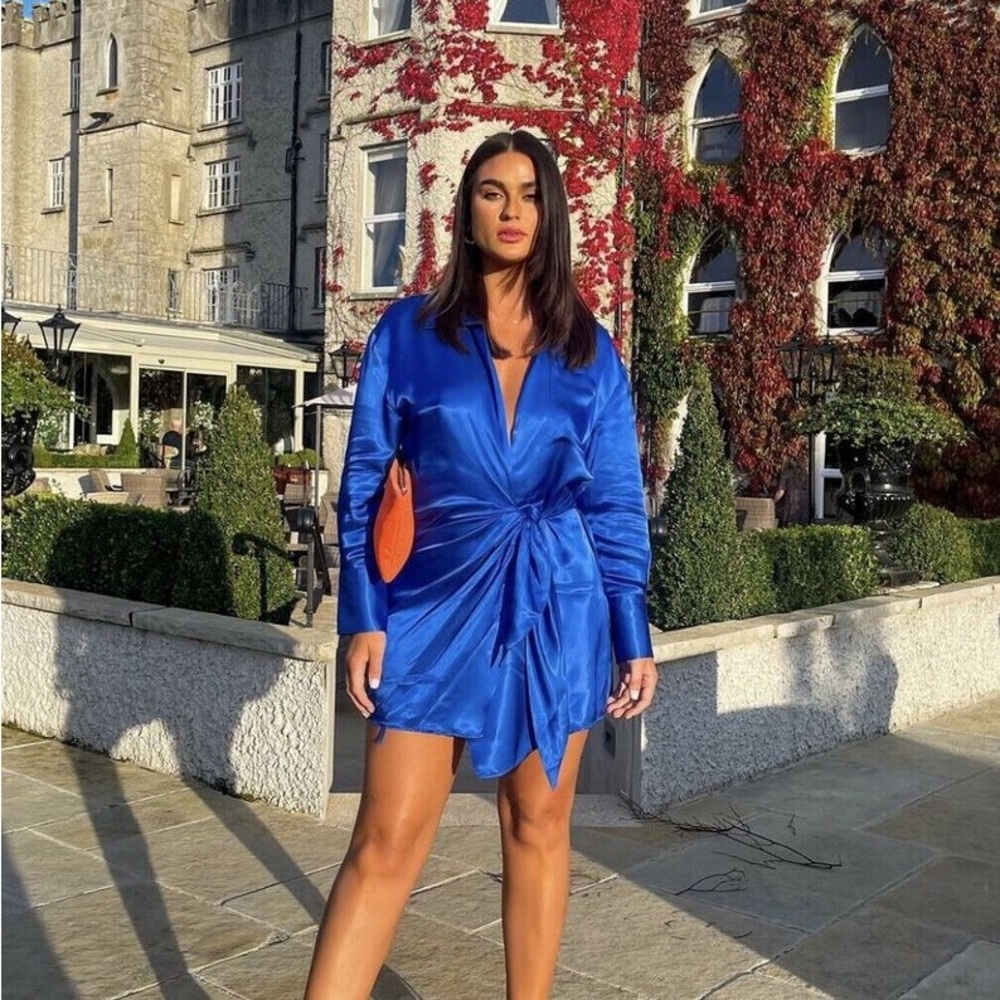 Zara Blue Ruched Wrap Dress Long Sleeve Plunge